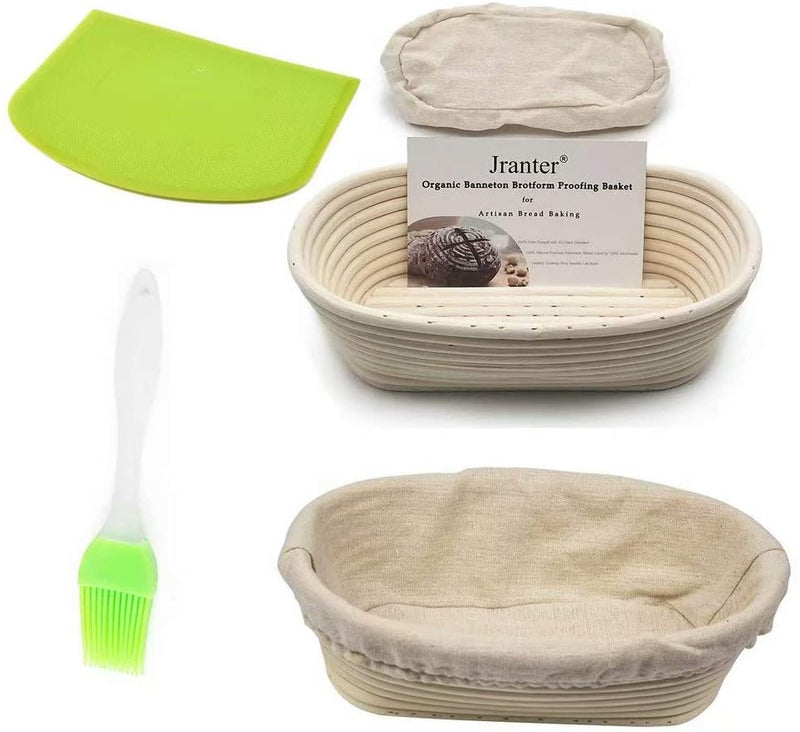 Banneton Bread Proofing Basket 8.5 inch Round Natural Rattan Cane Brotform with Linen Liner 2 Pack+ One Rubber Scraper+ One Silicone BBQ Brush by XUANNIAO