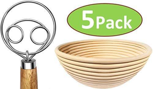 TEEVEA (More Economical) 5 Pack 9 inch Banneton Proofing Basket Danish Dough Whisk Dough Scraper Set Wood Germany Flour Bowl Bread Bakers Basket Brad Baking Washable Linen Bag for Rising Round Crispy