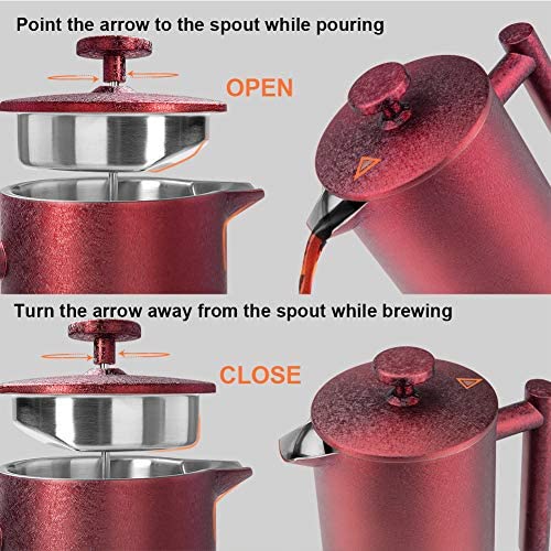 Secura French Press Coffee Maker, 304 Grade Stainless Steel Insulated Coffee Press with 2 Extra Screens, 34oz (1 Litre), Silver