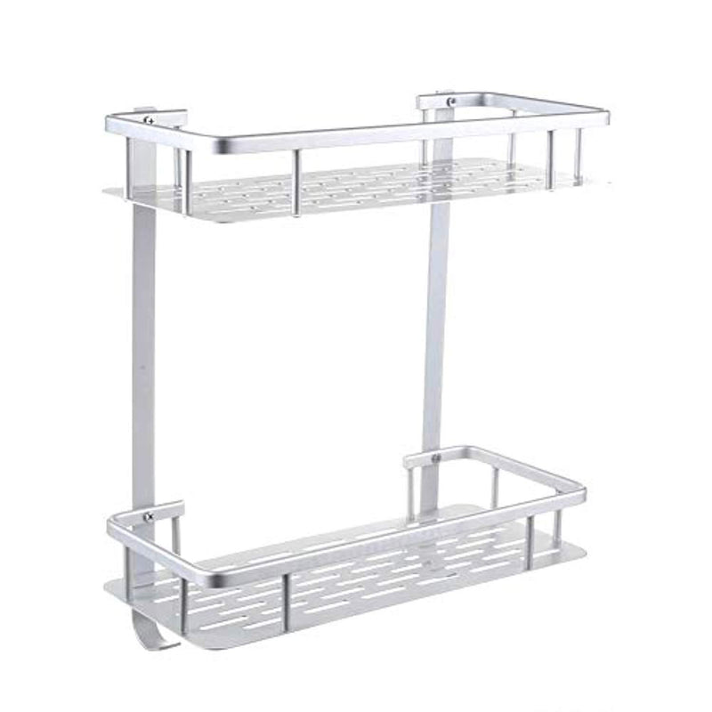 Anti-Rust Aluminum 2-Tier Wall Mount Bathroom Shelf Organizer with Hooks, Heavy Duty Shower Shelf Basket Caddy Storage for Bathroom Bedroom Kitchen and Installation with Adhesive, Silver, 12” x 5” x 14”