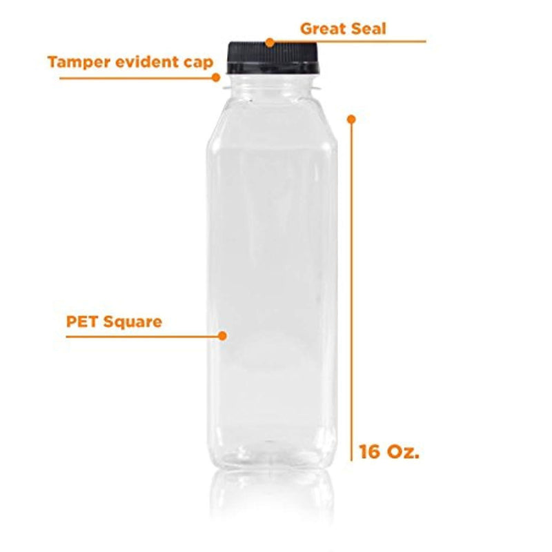 16 Oz Clear Plastic Juice/Dressing PET Square Container Bottles w/ Black Tamper Evident Caps by Pexale(TM)- (Pack of 10) (10)