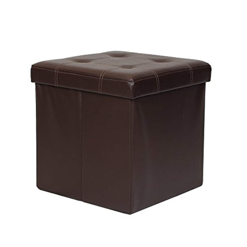 Otto & Ben 15" Storage Folding Toy Box Chest with Memory Foam Seat Tufted Faux Leather Small Ottomans Bench Foot Rest Stool, 15"x15"x15", Brown