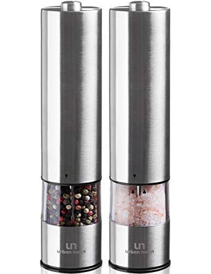 Electric Salt and Pepper Grinder Set - Battery Operated Stainless Steel Mill with Light (Pack of 2 Mills) - Automatic One Handed Operation - Electronic Adjustable Shakers - Ceramic Grinders