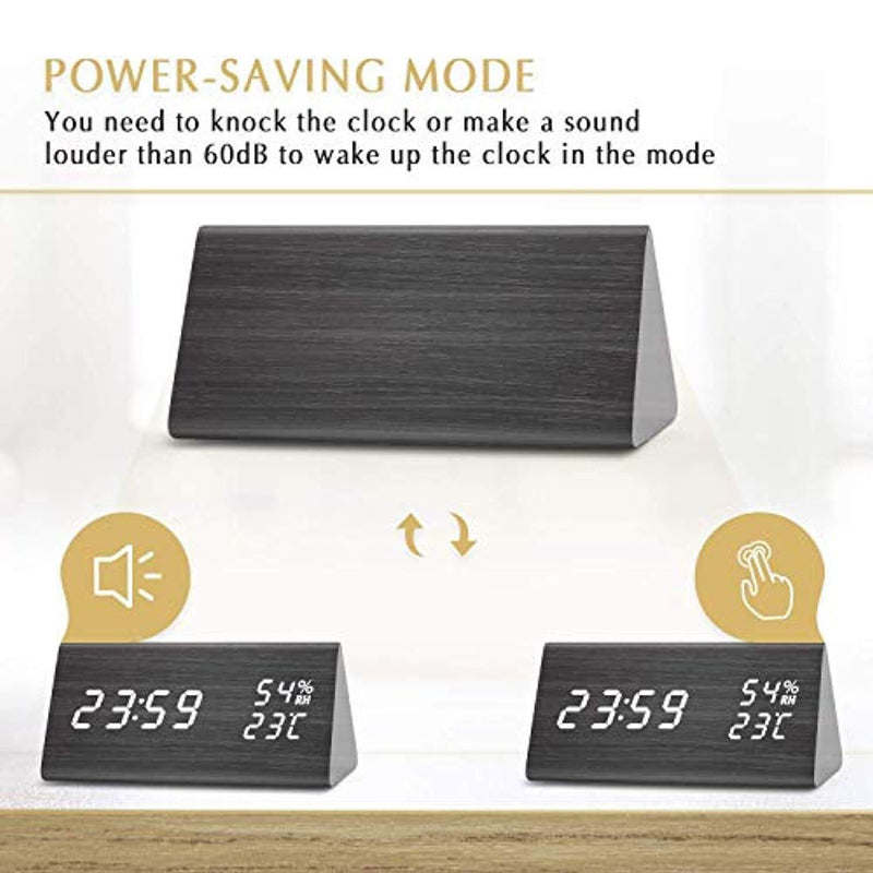 Digital Alarm Clock for Bedroom, 3 Alarm Settings Clock with Wooden LED Displays Time Brightness Adjustable, Dual Power Supply, Temperature and Humidity Detect, Ideal Gift for Friends