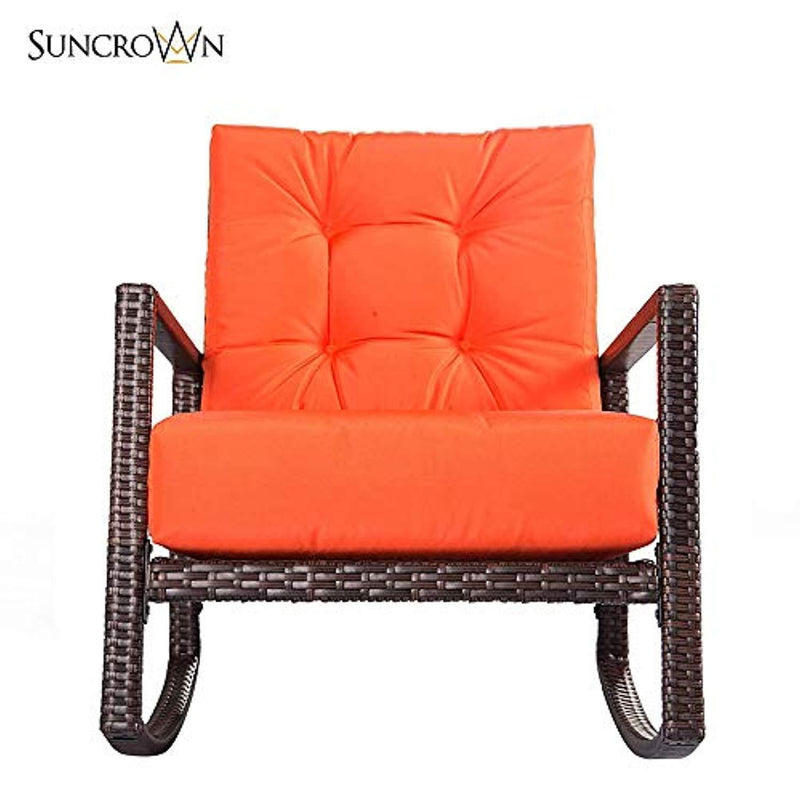 SUNCROWN Outdoor Furniture Vibrant Orange Patio Rocking Chair | All-Weather Wicker Seat with Thick, Washable Cushions | Backyard, Pool, Porch | Smooth Gliding Rocker with Improved Stability