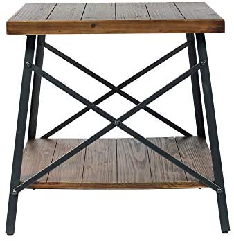 Emerald Home Chandler Rustic Wood End Table with Solid Wood Top, Metal Base, And Open Storage Shelf