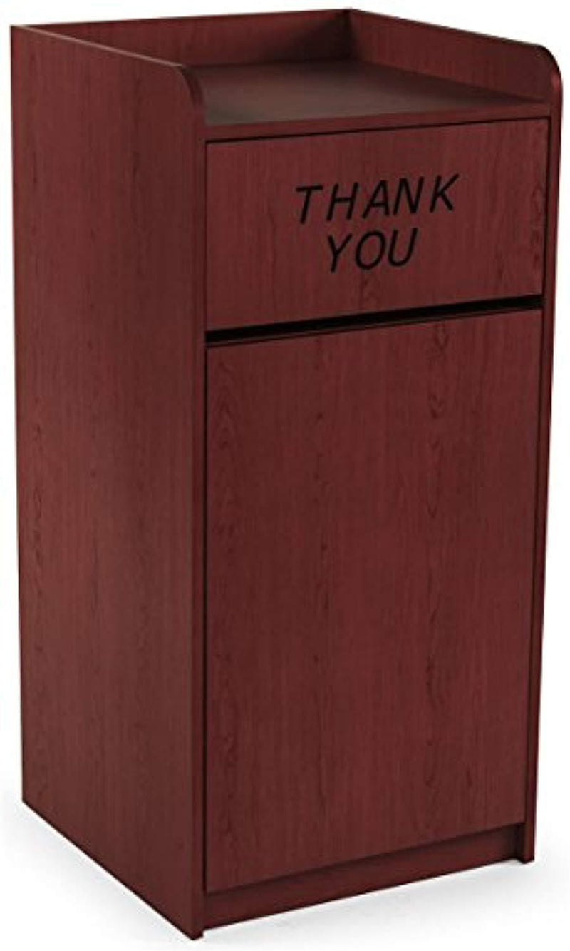 Displays2Go 36 Gallon Commercial Waste Bin, Top Tray Holder, Swinging Door, Graphic, Melamine - Special Mahogany (LCKDPZTRSM)