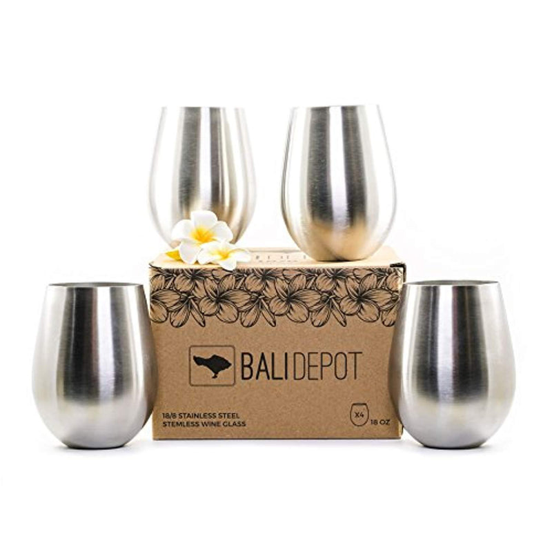 Stainless Steel Wine Glasses - Set of 4 Large & Elegant Stemless Cups - 18 oz Tumblers are Unbreakable, Shatterproof, Dishwasher Safe, BPA & Toxin Free - Perfect Goblets for ALL Drinks & Activities