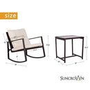 SUNCROWN Patio Rocking Chair Set, 3 Piece Brown Wicker Bistro Set Beige-White Cushion & Glass Coffee Table