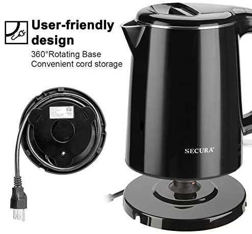 Secura Stainless Steel Double Wall Electric Kettle Water Heater for Tea Coffee w/Auto Shut-Off and Boil-Dry Protection, 1.0L (Black)