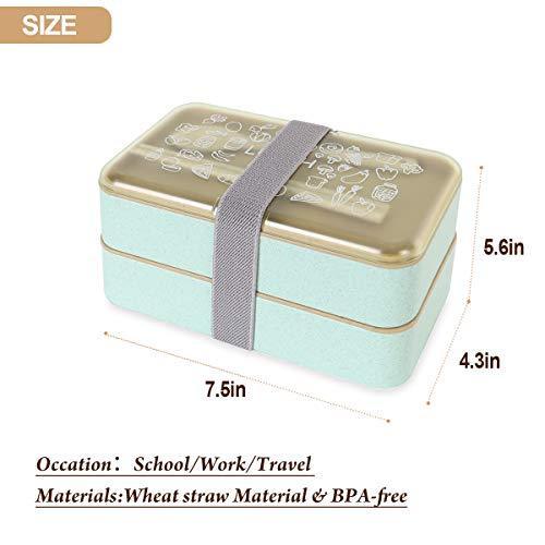 Buringer Lunch Bento Box Food Storage 2 Square Containers for Adults School Work Wheat Grass BPA Free Leak Proof with Chopsticks and Spoon (Long Khaki)