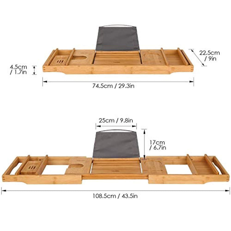 HOMFA Bamboo Bathtub Tray Bath Table Adjustable Caddy Tray with Extending Sides, Cellphone Tray and Wineglass Holder