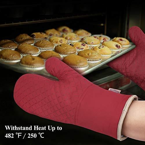 KeShi Kitchen Oven Mitts Set, Oven Mitts and Pot Holders, Heat Resistant with Quilted Cotton Lining, Non-Slip Surface 4 Pieces for Cooking, Baking, Grilling, Barbecue (Gray)