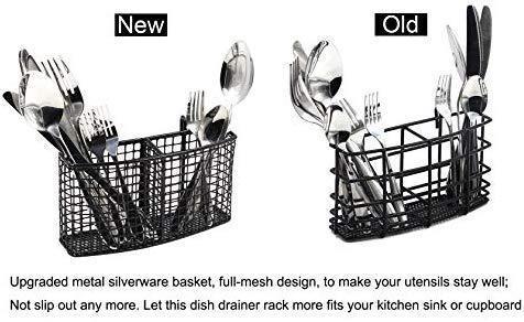 TQVAI Kitchen Dish Drainer Drying Rack with Full-Mesh Silverware Storage Basket, Black