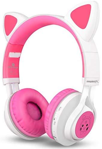 Bluetooth Headphones, Riwbox CT-7 Cat Ear LED Light Up Wireless Foldable Headphones Over Ear with Microphone and Volume Control for iPhone/iPad/Smartphones/Laptop/PC/TV (White&Pink)