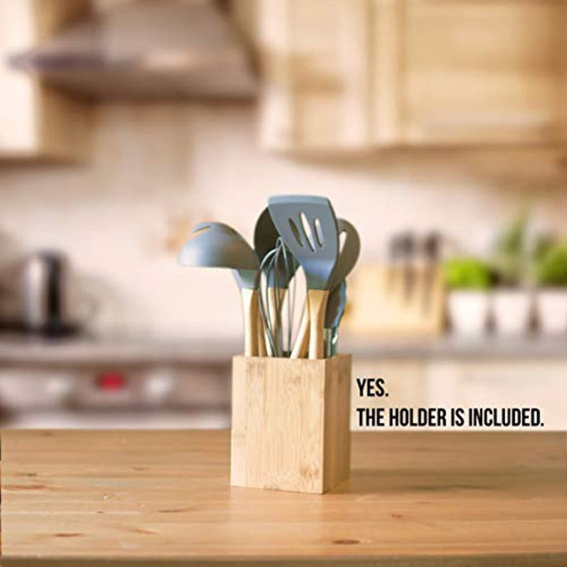 EPiKA Premium Silicone Bamboo Kitchen Utensils Set 9-Piece Cooking Utensils Set with Bamboo Wood Handles for Nonstick Cookware, Utensils Holder Included. Eco Friendly.