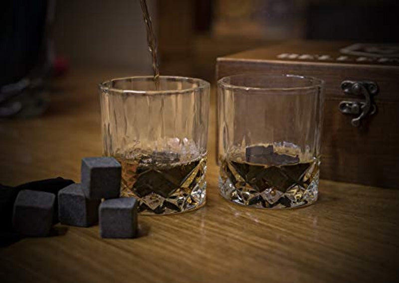 Whiskey Glass Stones Large Gift Box Set of 2 Whisky Bourbon Glasses 8 Scotch Granite Rock Wiskey Rocks & Metal Ice Tongs - Alcohol Liquor Wine Shot Tumbler Bar Kit - Christmas Gifts Sets Present Boxes