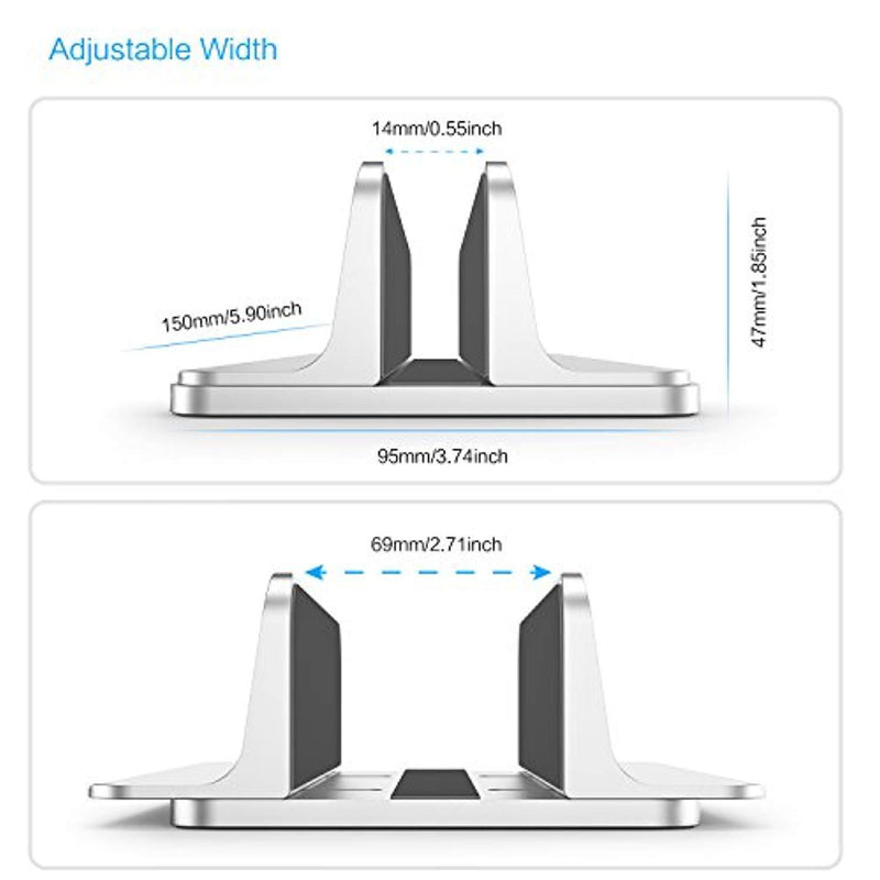 Vertical Laptop Stand [Adjustable Size], OMOTON Desktop Aluminum MacBook Stand with Adjustable Dock Size, Fits All MacBook, Surface, Chromebook and Gaming Laptops (Up to 17.3 inch), Silver