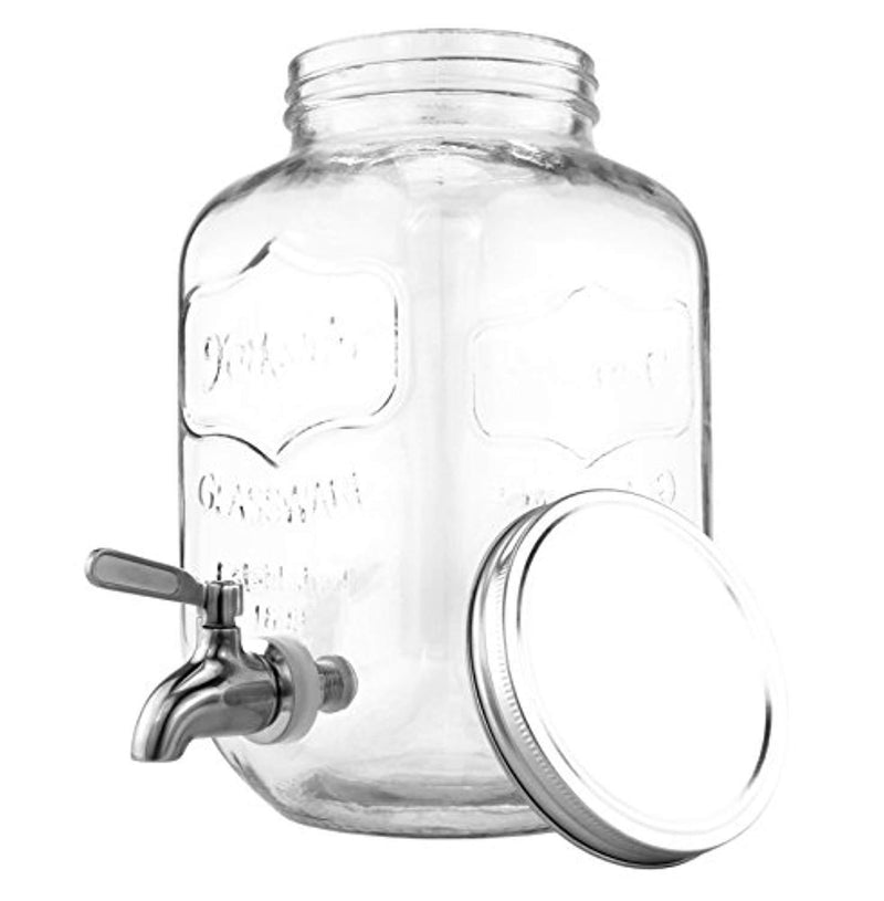 One Gallon Glass Mason Jar Beverage Dispenser w/Stainless Steel Spigot, Retro Yorkshire Style Jar, Clear Color