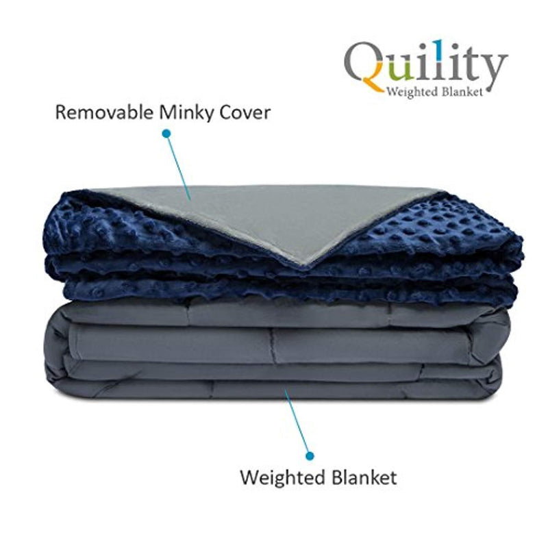 Quility Premium Adult Weighted Blanket & Removable Cover | 20 lbs | 60"x80" | for Individual Between 170-230 lbs | Full Size Bed | Premium Glass Beads | Cotton/Minky | Grey/Navy Blue