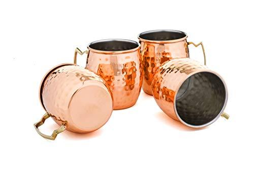 Moscow Mule Copper Mugs, 100% Handcrafted, Food-safe Copper Mugs, Mug with Brass Handle & Stainless-Steel Lining, with Copper Straws, Jigger and Shot Glass (Hammered)