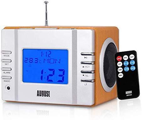 August MB300 Mini Wooden MP3 Stereo System and FM Clock Radio, with Card Reader, USB Port & AUX Jack (3.5mm Audio In), 2 x 3W Powerful Hi-Fi Speakers and Built-in Rechargeable Battery