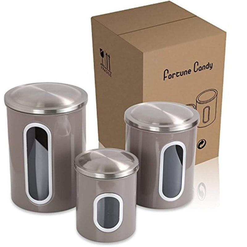 FC Airtight Window Kitchen Canister, Stainless Steel Canister Sets with Anti-Fingerprint Lid, Cereal Container Set of 3 (Warm grey)