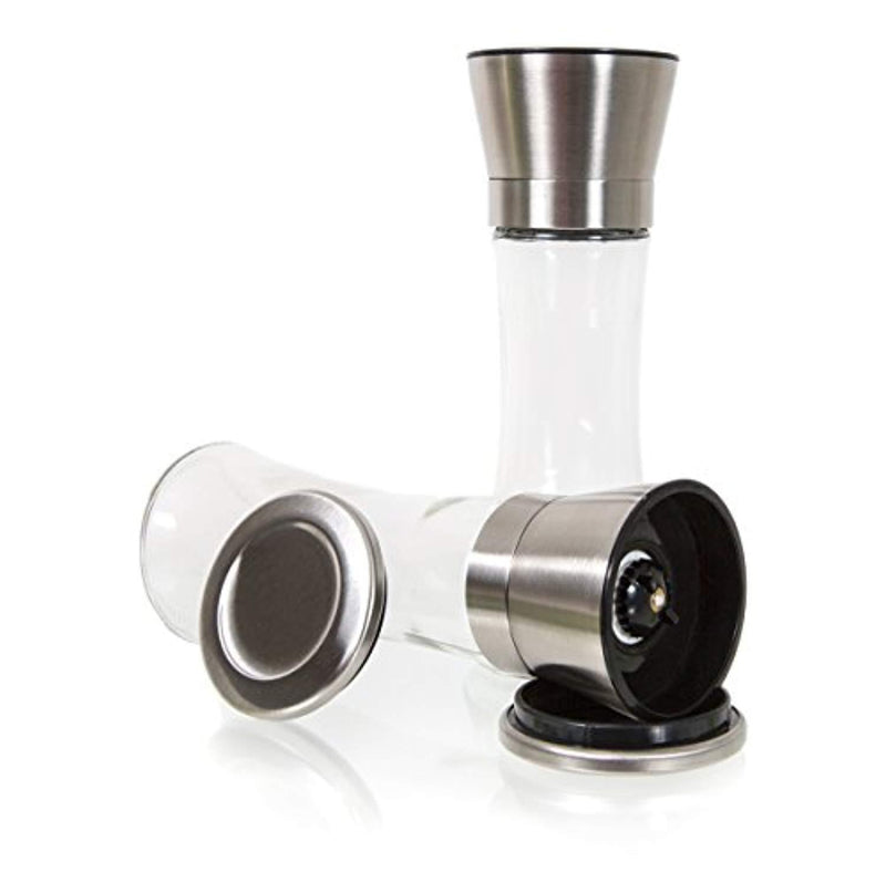 Inventory Liquidation Sale - Premium Tall Glass & Stainless Steel Salt and Pepper Grinder Set - Brushed Stainless Steel Pepper Mill and Salt Mill, Adjustable Ceramic Rotor By Simple Kitchen Products