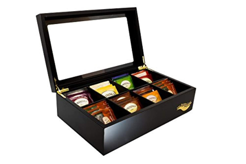 The Bamboo Leaf Wooden Tea Storage Chest Box with 8 Compartments and Glass Window (Black)