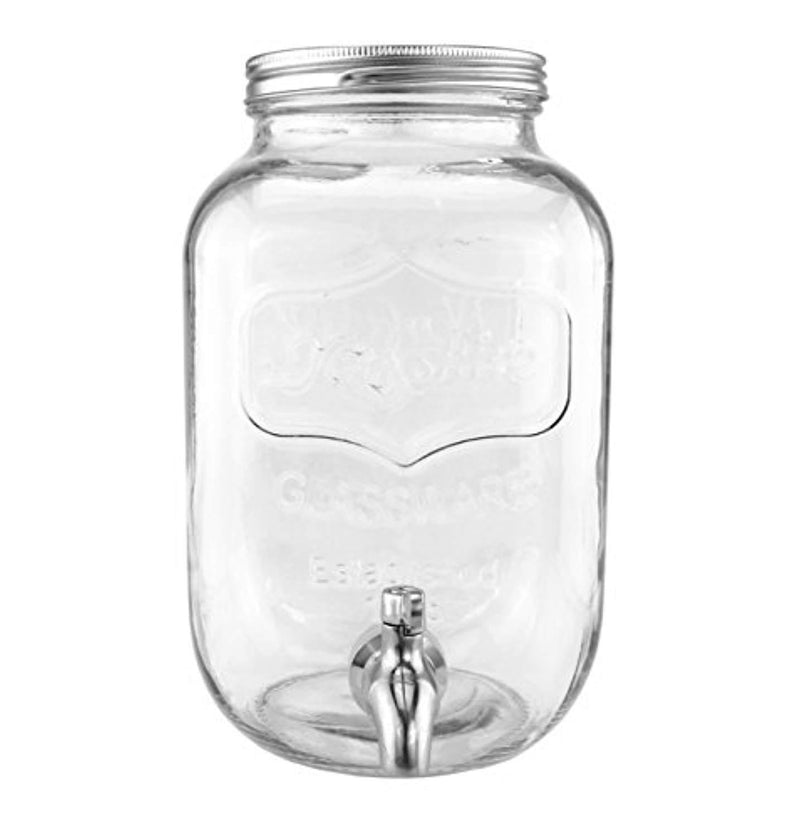 One Gallon Glass Mason Jar Beverage Dispenser w/Stainless Steel Spigot, Retro Yorkshire Style Jar, Clear Color