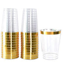 100pack Gold Plastic Cups- 12oz Clear Plastic Cups with Gold Rim-Wedding/Party Disposable Cups-Heavyweight Plastic Tumblers-OUGOLD