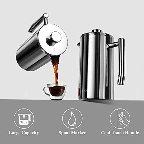 BAYKA French Press Coffee Maker, Stainless Steel 34oz Double-Wall Metal Insulated Coffee Tea Makers with 4 Level Filtration System, Rust-Free, Dishwasher Safe