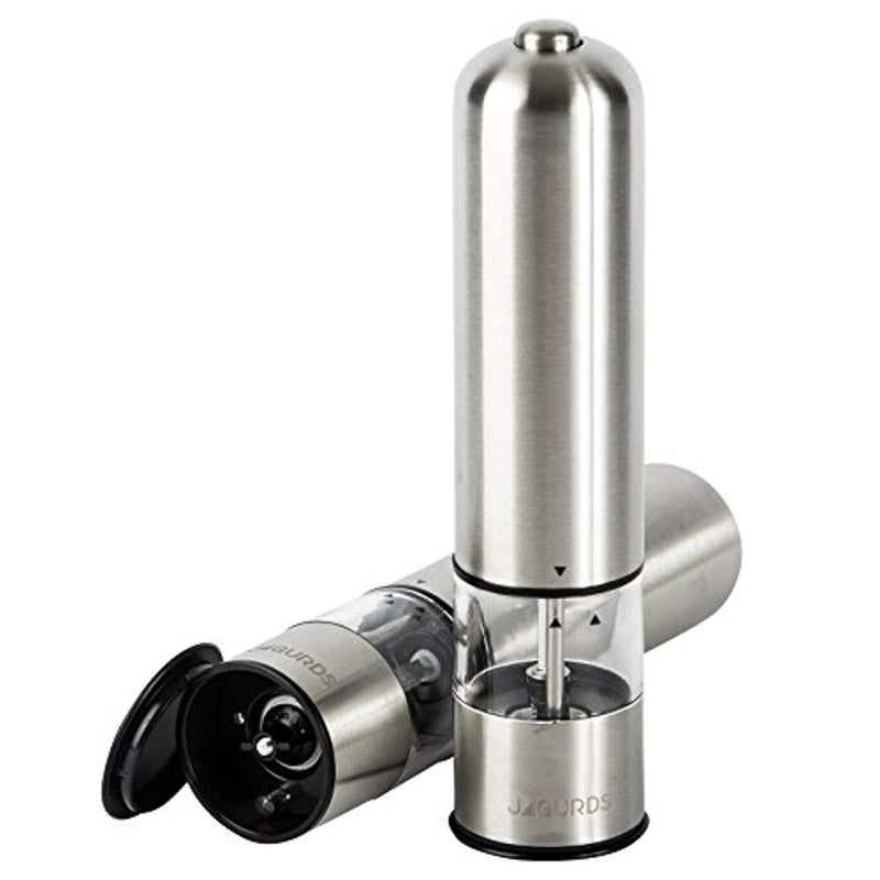 Jagurds Electric Salt and Pepper Mill Set - Premium Stainless Steel One-Handed Spice Grinders with Light, Automatic Battery Operated with Adjustable Coarseness for That Perfect Savory Seasonings