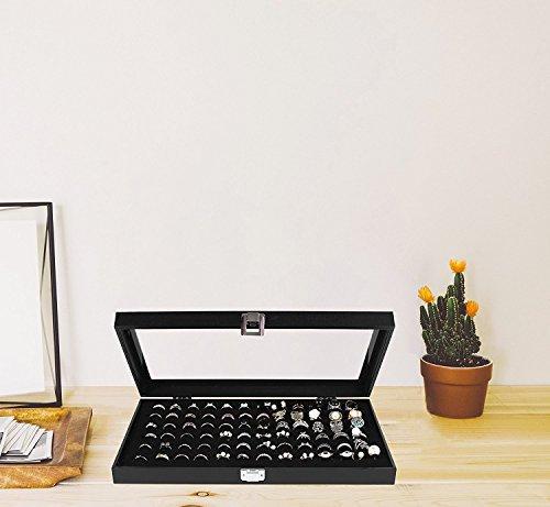 JackCubeDesign Jewelry Ring Display Organizer Storage Box Case Tray Holder with 72 Slot Ring Display(Black, Inside Black Velvet, 14.7 x 8.3 x 1.97 inches)- :MK248A