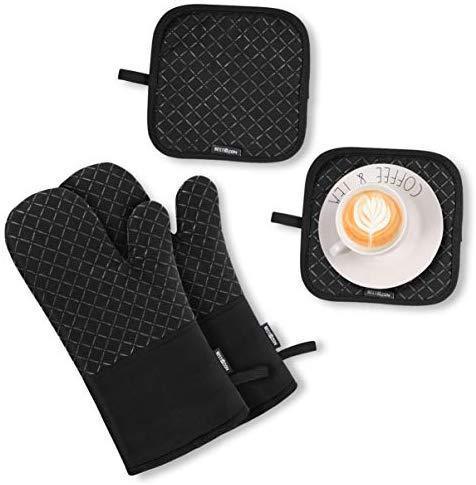 KeShi Kitchen Oven Mitts Set, Oven Mitts and Pot Holders, Heat Resistant with Quilted Cotton Lining, Non-Slip Surface 4 Pieces for Cooking, Baking, Grilling, Barbecue (Gray)