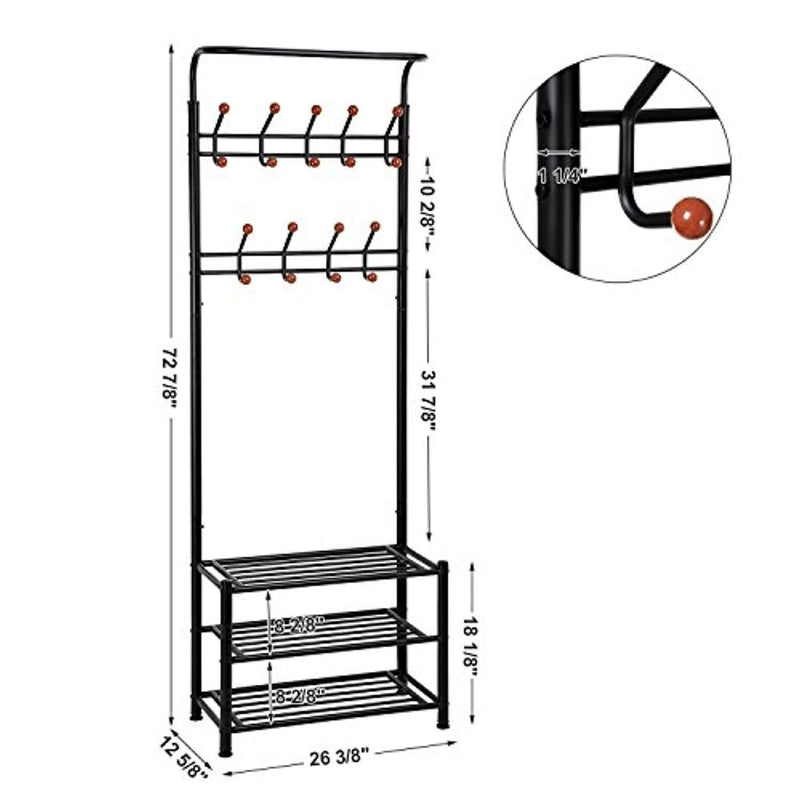 SONGMICS Heavy Duty 18 Hooks Coat Rack with 3-Tier Shoe Rack Shelves for Entryway Metal Black URCR67B