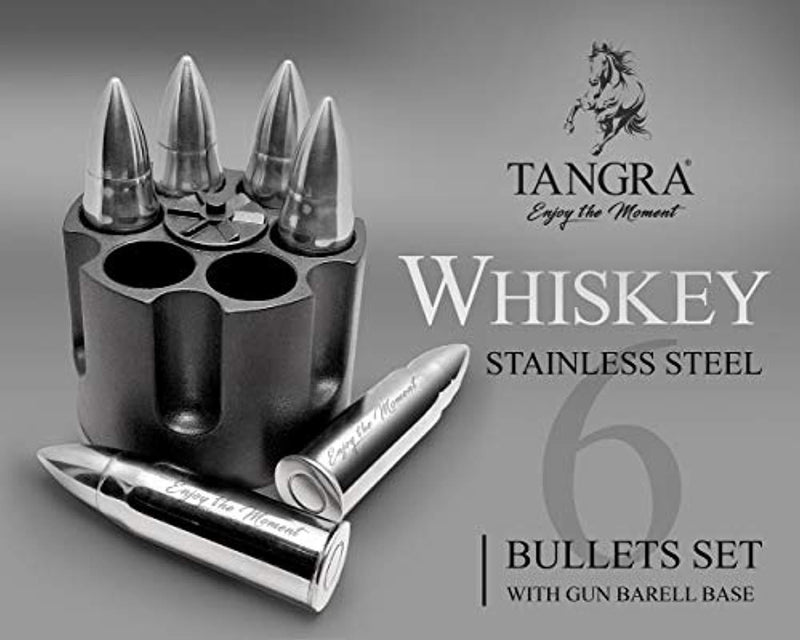 WHISKEY STONES EXTRA LARGE 6 LASER ENGRAVED STAINLESS STEEL BULLETS with Revolver Barrel Base. Reusable Chilling Rocks Stone Ice Cubes Chillers Cool Gift Set for Men Father Dad or Military by TANGRA