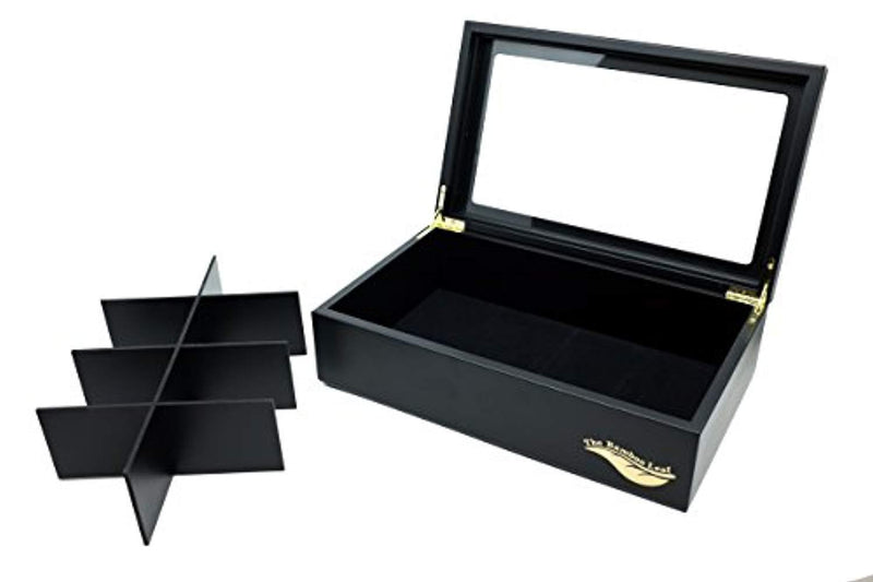 The Bamboo Leaf Wooden Tea Storage Chest Box with 8 Compartments and Glass Window (Black)