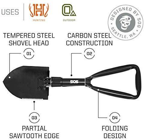 SOG Folding Shovel Survival Shovel – Entrenching Tool 18.25 Inch Foldable Shovel Camping Shovel w/ Wood Saw Edge and Tactical Shovel Carry Case (F08-N)