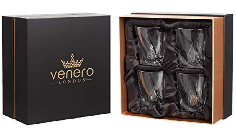 Venero Crystal Whiskey Glasses - Set of 4 - Tumblers for Drinking Scotch, Bourbon, Cognac, Irish Whisky - Large 10 oz Premium Lead-Free Crystal Glass Tasting Cups - Luxury Gift Box for Men or Women