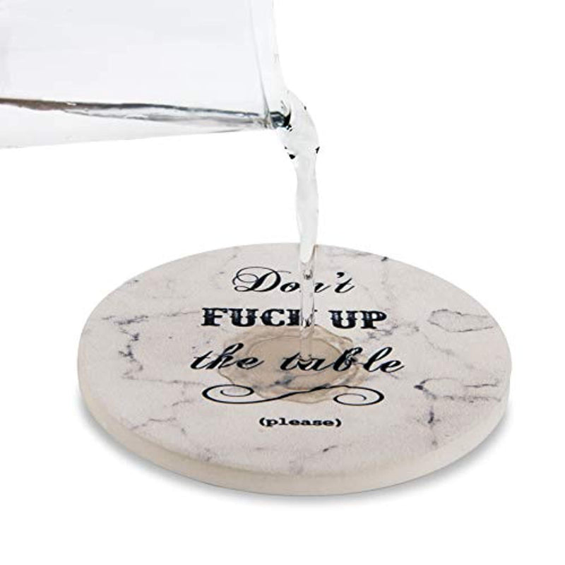 Urban Mosh Coasters for Drinks - Funny Absorbent Ceramic Stone Set of 6 White Marble Style with Cork Backing and Holder Included, Protect Your Furniture From Spills, Scratches, Water Rings and Damage