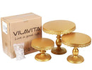 VILAVITA 3-Set Antique Cake Stand Round Cupcake Stands Metal Dessert Display with Pendants and Beads, Gold