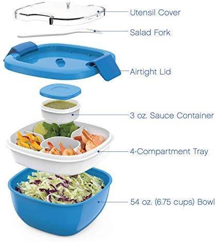 Bentgo Salad BPA-Free Lunch Container with Large 54-oz Salad Bowl, 3-Compartment Bento-Style Tray for Salad Toppings and Snacks, 3-oz Sauce Container for Dressings, and Built-In Reusable Fork (Blue)