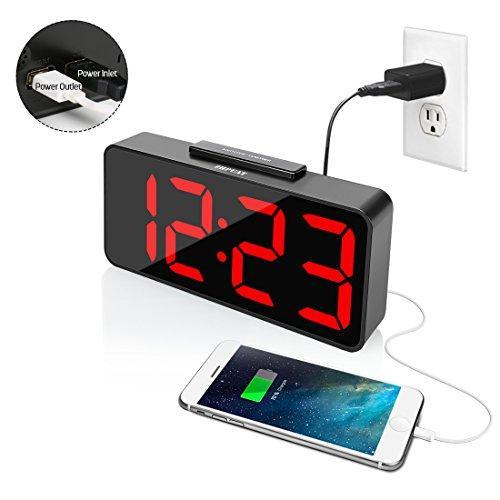 ZHPUAT Digital Alarm Clock with 8.9 Large LED Display, Dimmer, Snooze and Alarm Control Function for Bedrooms with USB Charger, Battery Backup(Red)