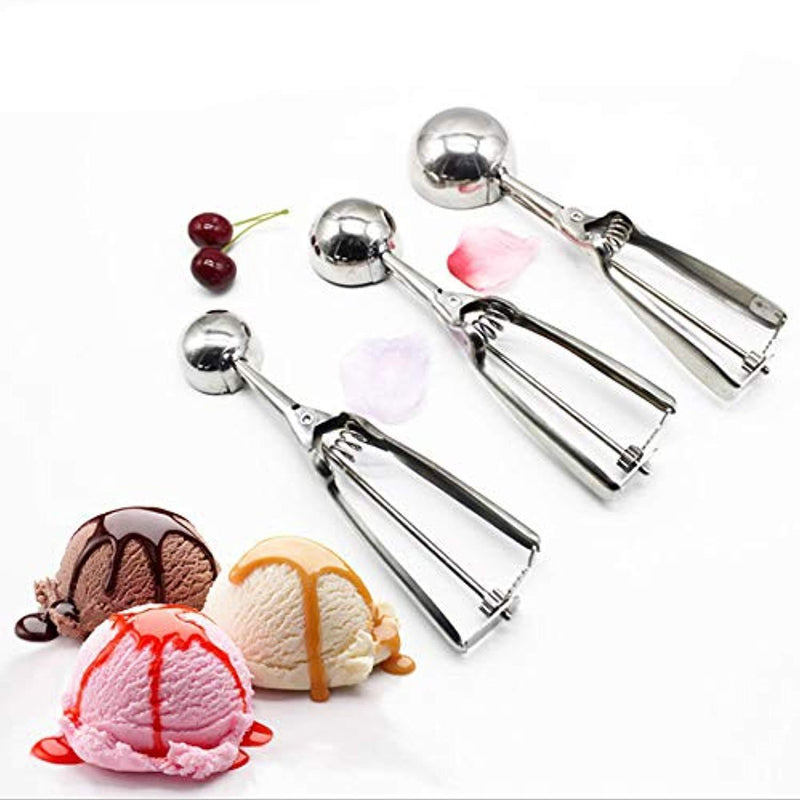 Behomy wqrqw-70 Stainless Steel Ice Cream, Easy Trigger Cookie Water Melon Scoop Set of 3(Small,Medium,Large), 4-6cm, Silver