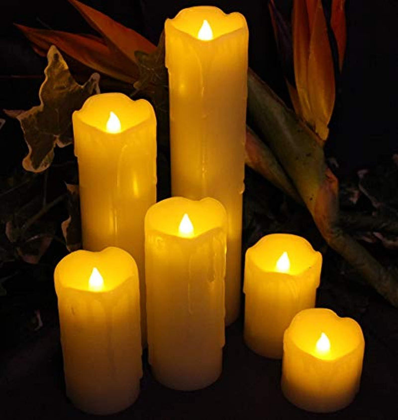 LED Lytes Flameless Candles with Timer, for Mom Gifts, Slim Set of 6, 2 Inches Wide and 2-9 Tall, Ivory Dripping Wax and Flickering Amber Yellow Flame Battery Operated Electric Candle