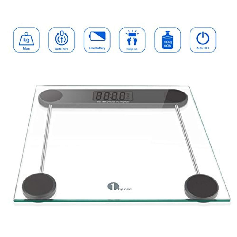 1byone Digital Body Weight Scale Bathroom Scale with Step-on Technology, 6MM Glass, Max Weight 400 Pounds