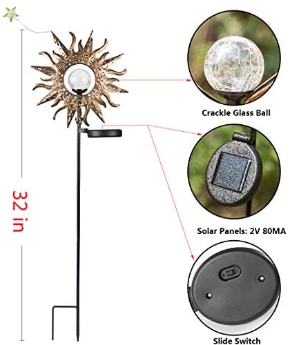 ATHLERIA Garden Solar Lights Outdoor, Sun Decor, Crackle Glass Ball Waterproof Metal Decorative Stakes Lights for Lawn,Patio,Pathway,Yard (Sun)