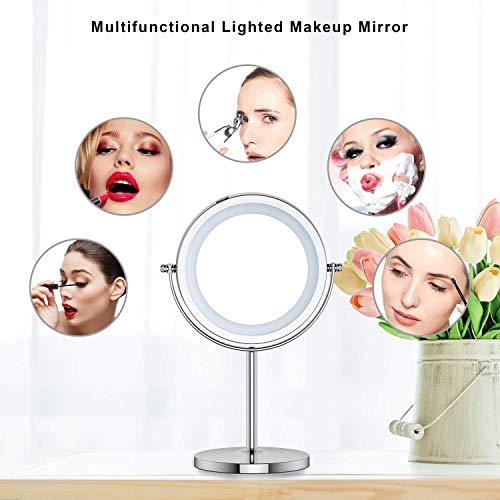 Benbilry Lighted Makeup Mirror - LED Double Sided 1x/10x Magnification Cosmetic Mirror,7 Inch Battery-Powered 360 Degree Rotation Vanity Mirror with On/Off Push-Button