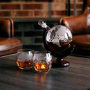 Whiskey Globe Decanter Set - 850 ml with Silicone Ice Molds & Two World Etched Whiskey Glasses (300ml) Wooden Base and Safe Package - Perfect Gift Set for Liquor, Scotch, Bourbon, Vodka and Wine